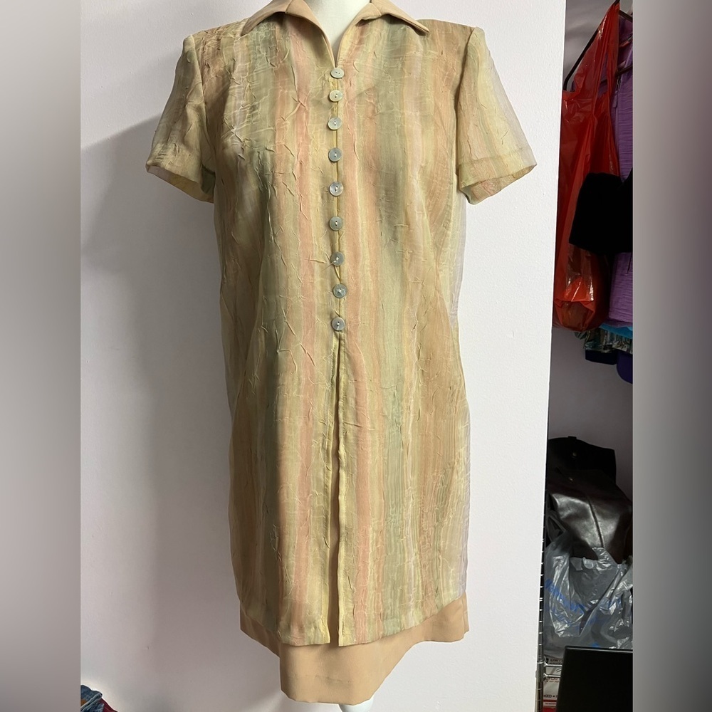 Women’s Vintage Dress, 4P, Sheer Overlay, Tan/Natural Shades, Expo Petite